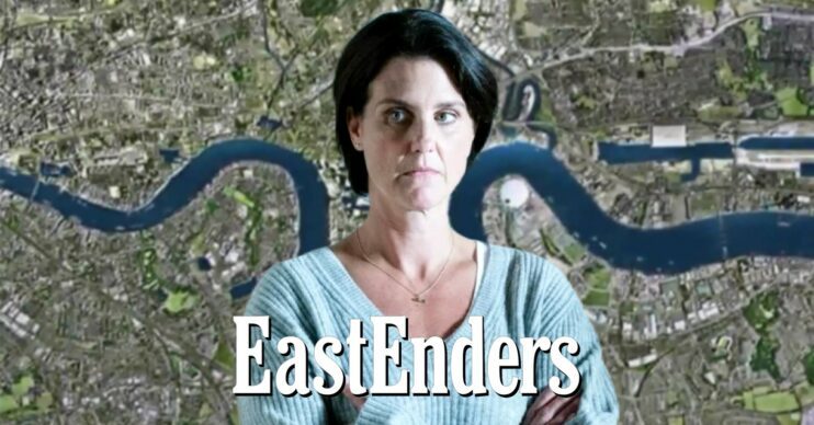 Eve looking steely on EastEnders vs soap logo and background (Credit: BBC/Composite: ED!)