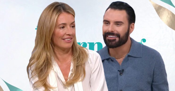 Cat Deeley and Rylan Clark in front of the This Morning logo