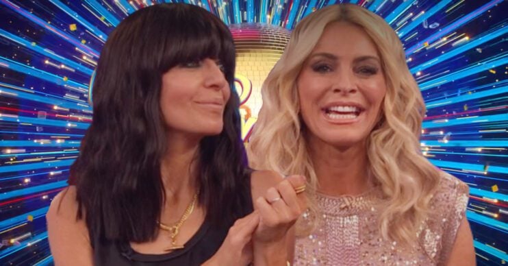 Claudia Winkleman and Tess Daly against the Strictly logo backdrop