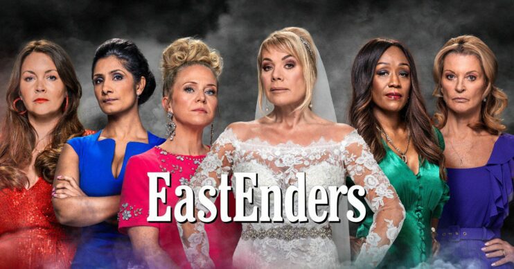 EastEnders' Stacey, Suki, Linda, Sharon, Denise and Kathy, the EastEnders logo