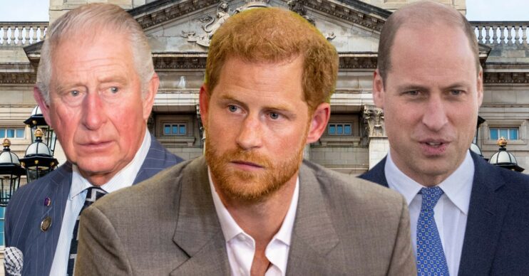 King Charles, Prince Harry and Prince William in front of the palace