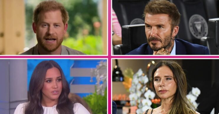 Prince Harry looks forward, Meghan Markle speaks, David Beckham strokes his chin, Victoria Beckham looks to her side