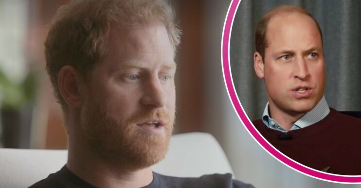 Prince Harry in Harry & Meghan on Netflix, Prince William looking cross