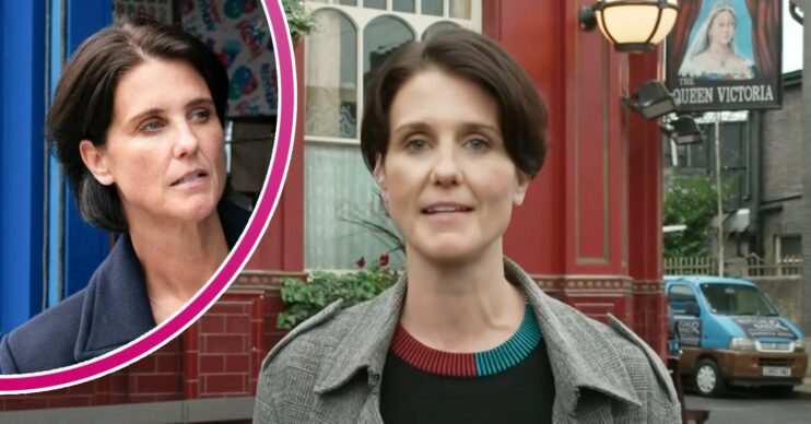 Heather Peace talking in an interview; inset, as Eve on EastEnders (Credit: BBC/ITV/Composite: ED!)