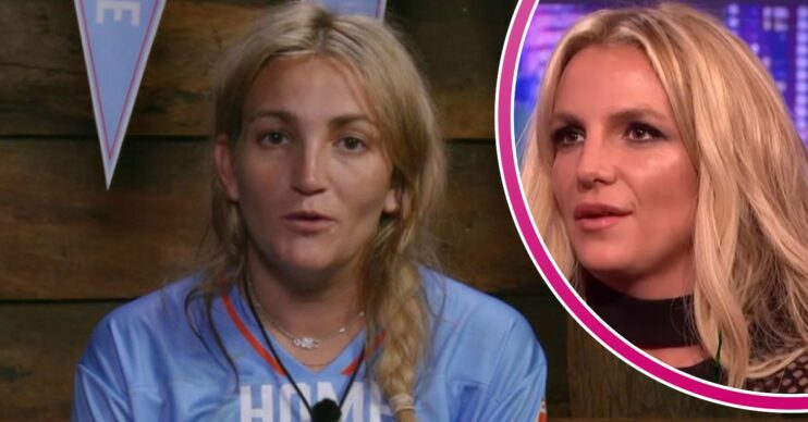 Jamie Lynn Spears on I'm A Celebrity; inset, sister Britney (Credit: ITV/Composite: ED!)