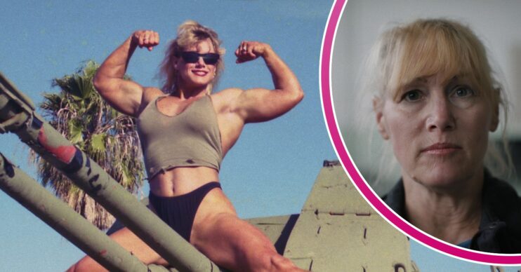 Sally McNeil posing on tank in Netflix documentary Killer Sally