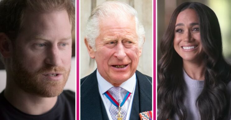 King Charles looks to the side, and Prince Harry speaks and Meghan Markle smiles during their Netflix documentary