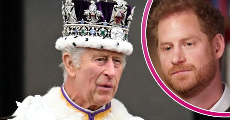 King Charles wears a crown, Prince Harry looks emotional