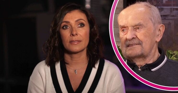 Kym Marsh looking upset; inset, dad David (Credit: BBC/Composite: ED!)