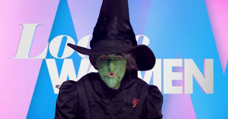 Loose Women logo behind Jane Moore, who is in a Halloween costume as a witch (Credit: ITV/YouTube/Composite: ED!)
