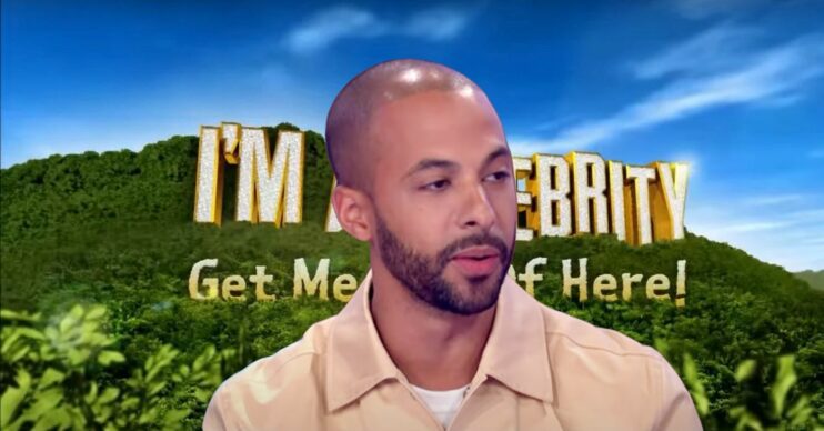 Marvin Humes talking in an interview; I'm a Celeb logo in background (Credit: ITV/YouTube/Composite: ED!)