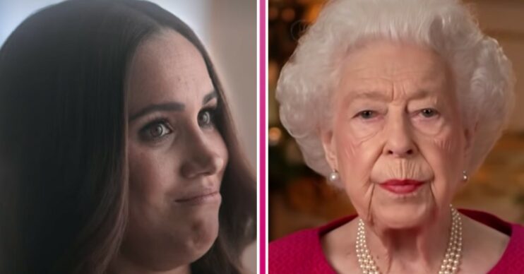 Meghan Markle makes an expression and speaks about curtsying for the Queen during Netflix documentary