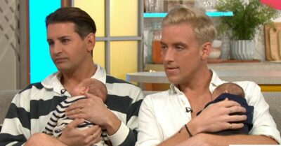 Ollie and Gareth Locke showing off their twins on Lorraine