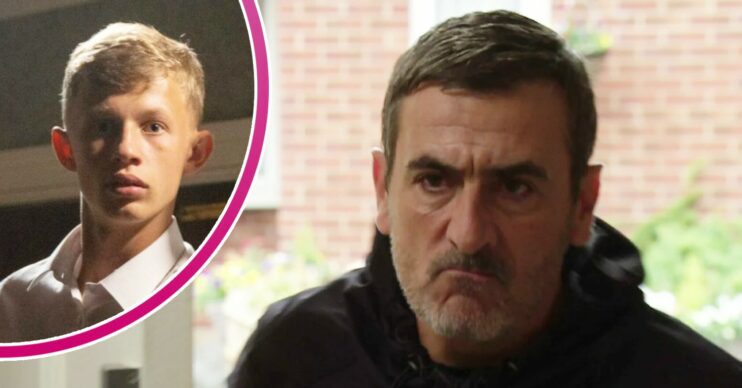 Peter looking angry on Coronation Street; inset, Dylan looks frightened (Credit: ITV/Composite: ED!)