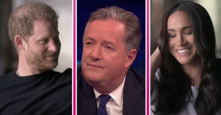 Piers Morgan looks irked, Harry and Meghan smile in Netflix show