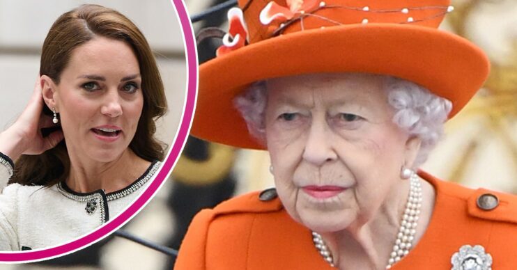 Princess Kate playing with her hair and the late Queen in orange outfit