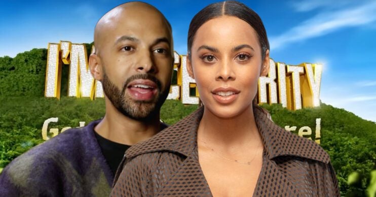 Rochelle Humes and husband Marvin in front of the I'm A Celebrity logo