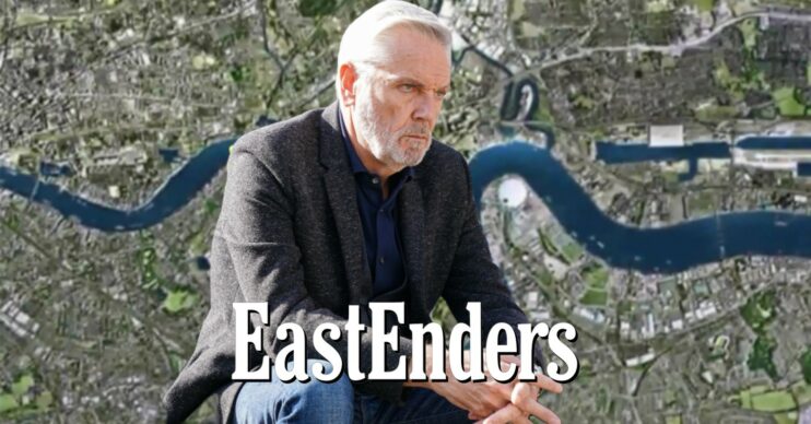 Rocky on a background of the EastEnders logo