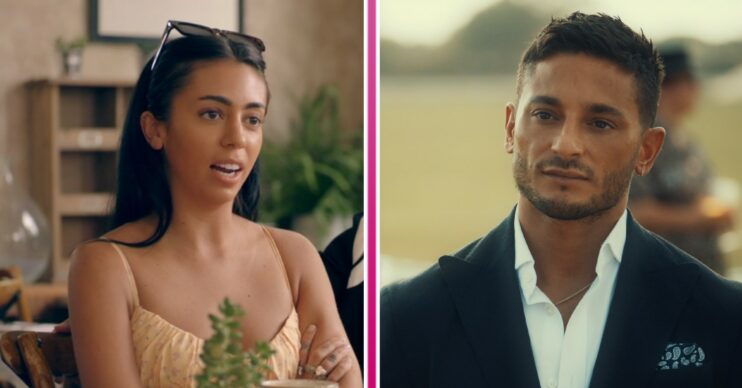 Ruby and Reza posing in a dress and suit in Made In Chelsea