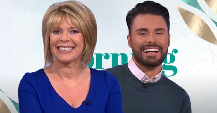 Ruth Langsford and Rylan Clark smiling in front of This Morning title card