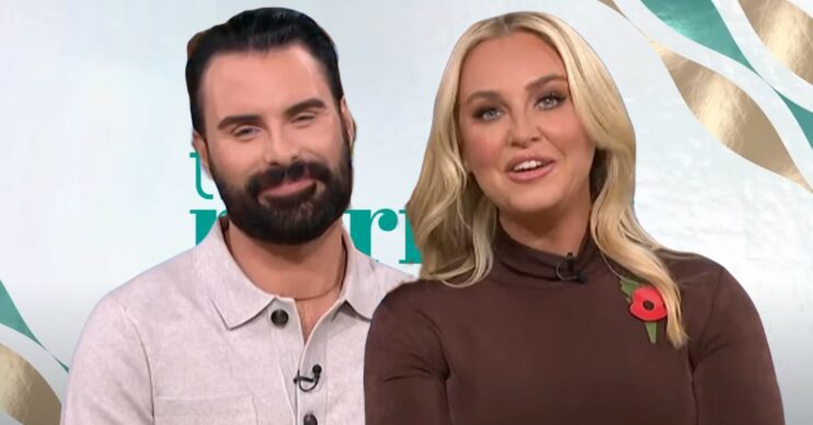 Rylan Clark and Josie Gibson smiling in front of This Morning logo