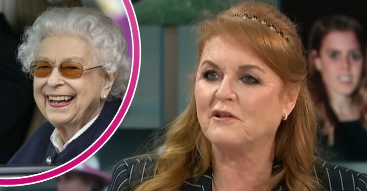 The Queen smiling and Sarah Ferguson on GMB