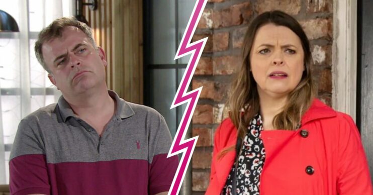 Steve and Tracy looking shocked; bordered by split (Credit: ITV/Composite: ED!)