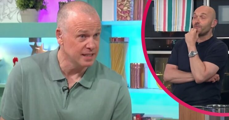 Sunday Brunch host Tim Lovejoy looks animated while Simon Rimmer looks casual