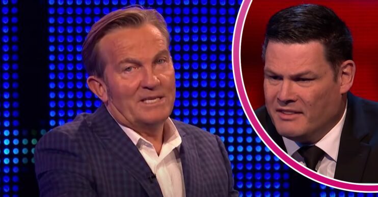 The Chase host Bradley Walsh speaks to camera, Mark Labbett looks concerned