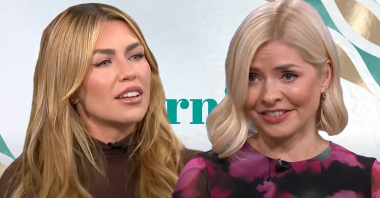 Abbey Clancy and Holly Willoughby in front of This Morning title card