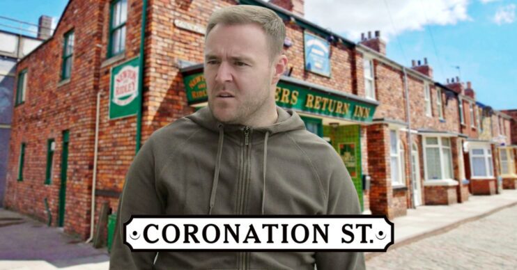 Tyrone looking worried on Coronation Street, below, soap logo (Credit: ITV/Composite: ED!)