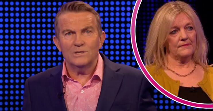 The Chase host Bradley Walsh looking concerned and Debbie smiling