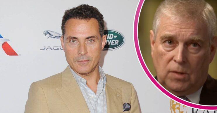 Rufus Sewell posing on the red carpet and Prince Andrew talking in BBC interview