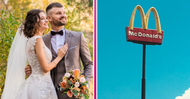 Split image of bride and groom and McDonald's sign