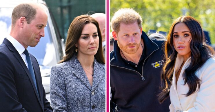 Prince William and Kate looking sombre, Prince Harry and Meghan Markle looking worried