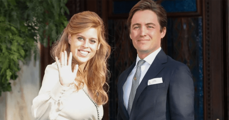 Princess Beatrice waving and her husband wearing a suit