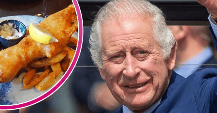 King Charles smiling and a plate of fish and chips