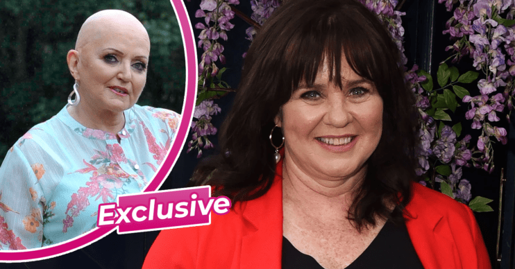 Coleen Nolan smiling and her sister Linda inset