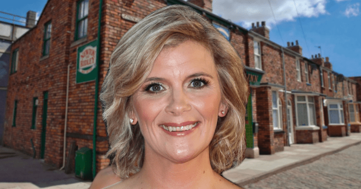 Coronation Street: Jane Danson smiles on the background of the Corrie set comp image