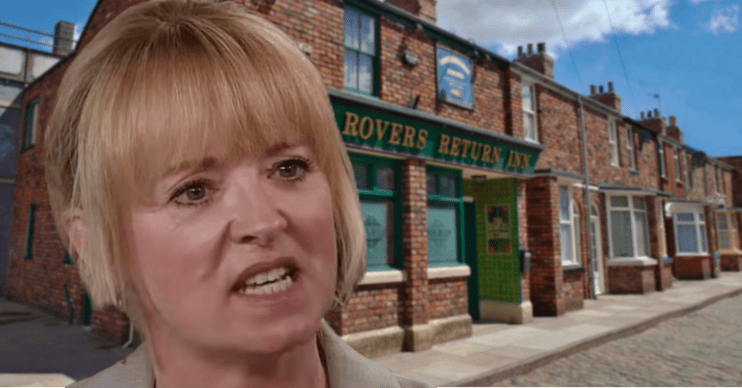 Jenny Connor in Coronation Street looks furious on background of Rovers Return pub