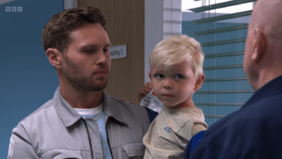 Keanu Taylor doesn't know he's not Albie's dad in EastEnders as he cuddles the little boy and talks to Phil