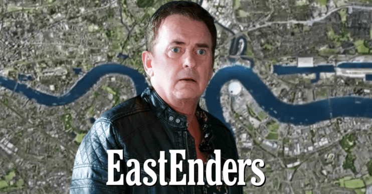 EastEnders' Alfie Moon cut out over the show background with logo comp image