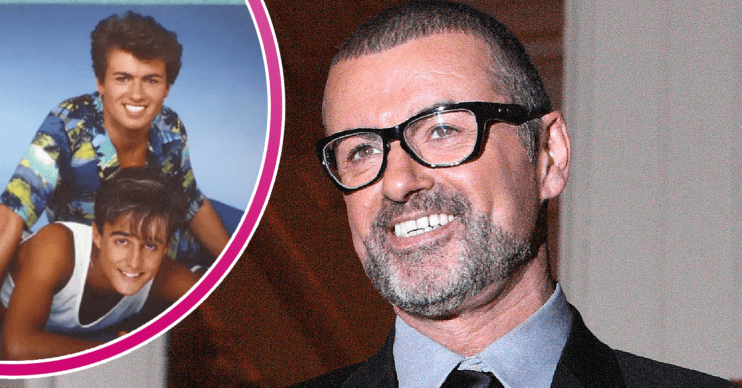 George Michael smiling in glasses and inset with Andrew Ridgley in Wham!