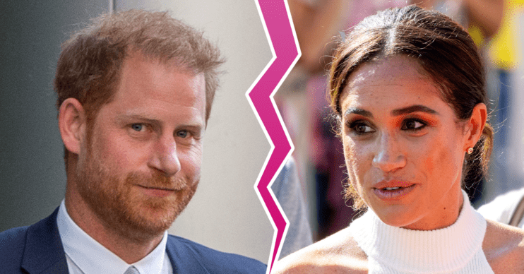 Prince Harry and Meghan Markle looking at each other separated by a crack