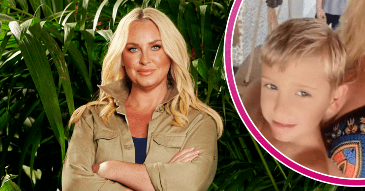 Josie Gibson in her I'm A Celebrity outfit and her son Reggie smiling inset