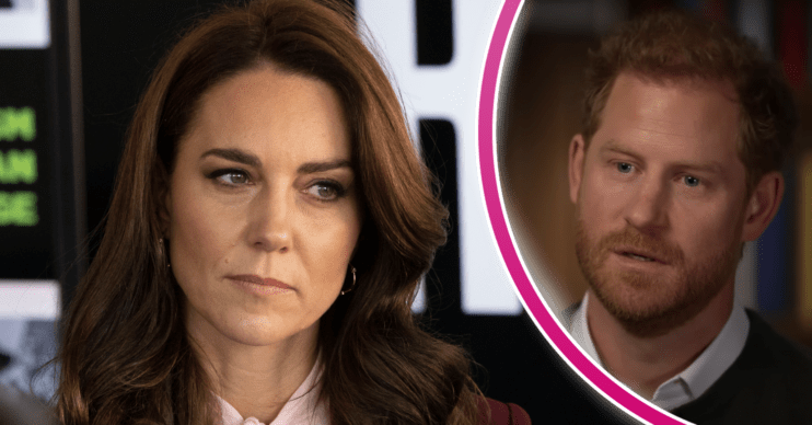 Kate Middleton and Prince Harry both looking stern in a collage of photos