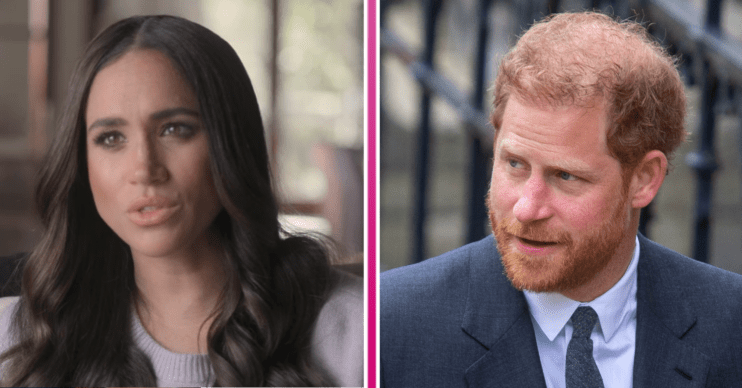 Meghan Markle speaking to camera / Prince Harry smirking