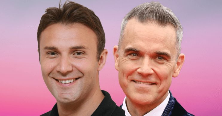 Jonathan Wilkes and Robbie Williams smiling