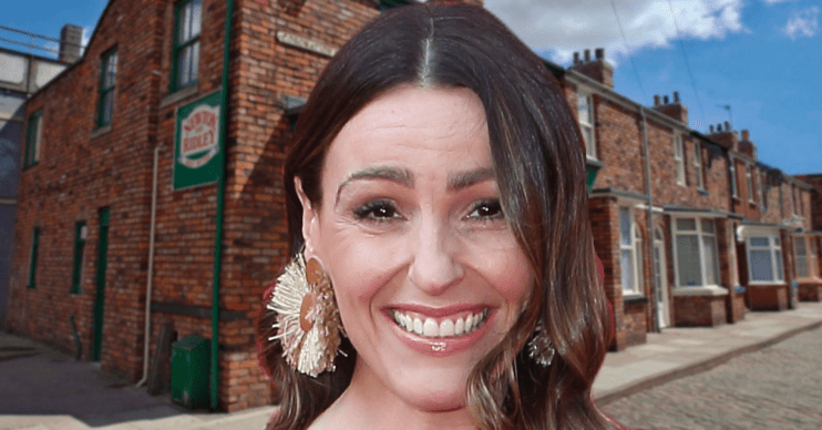 Suranne Jones headshot on a Coronation Street background