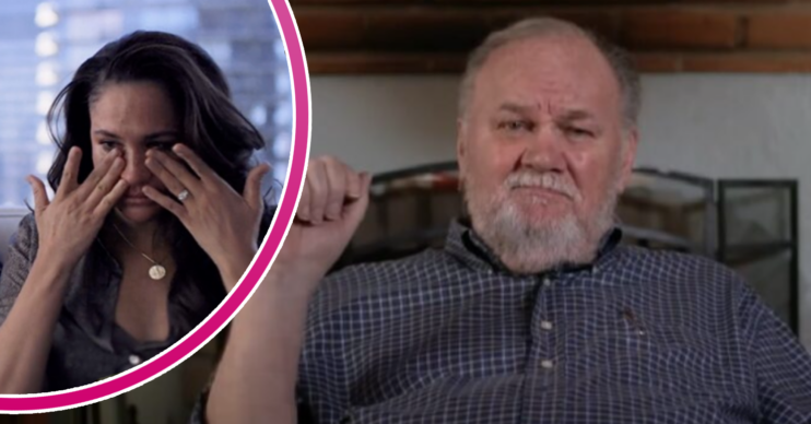 Meghan Markle cries, her dad Thomas Markle looks to camera